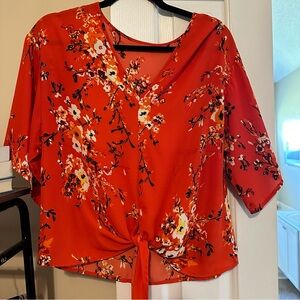 Red Floral Tie-Front Blouse Top, Size S